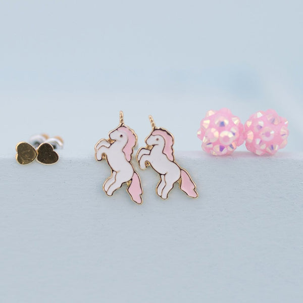 Heart, Spunky Pink & Unicorn Earrings - Set of 3