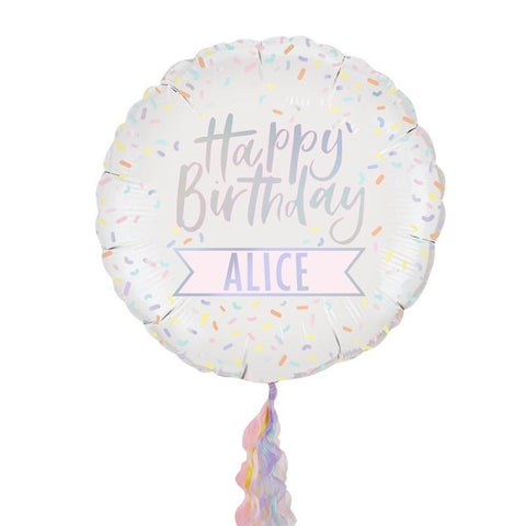Customisable Iridescent Happy Birthday Balloon – Pastel Party
